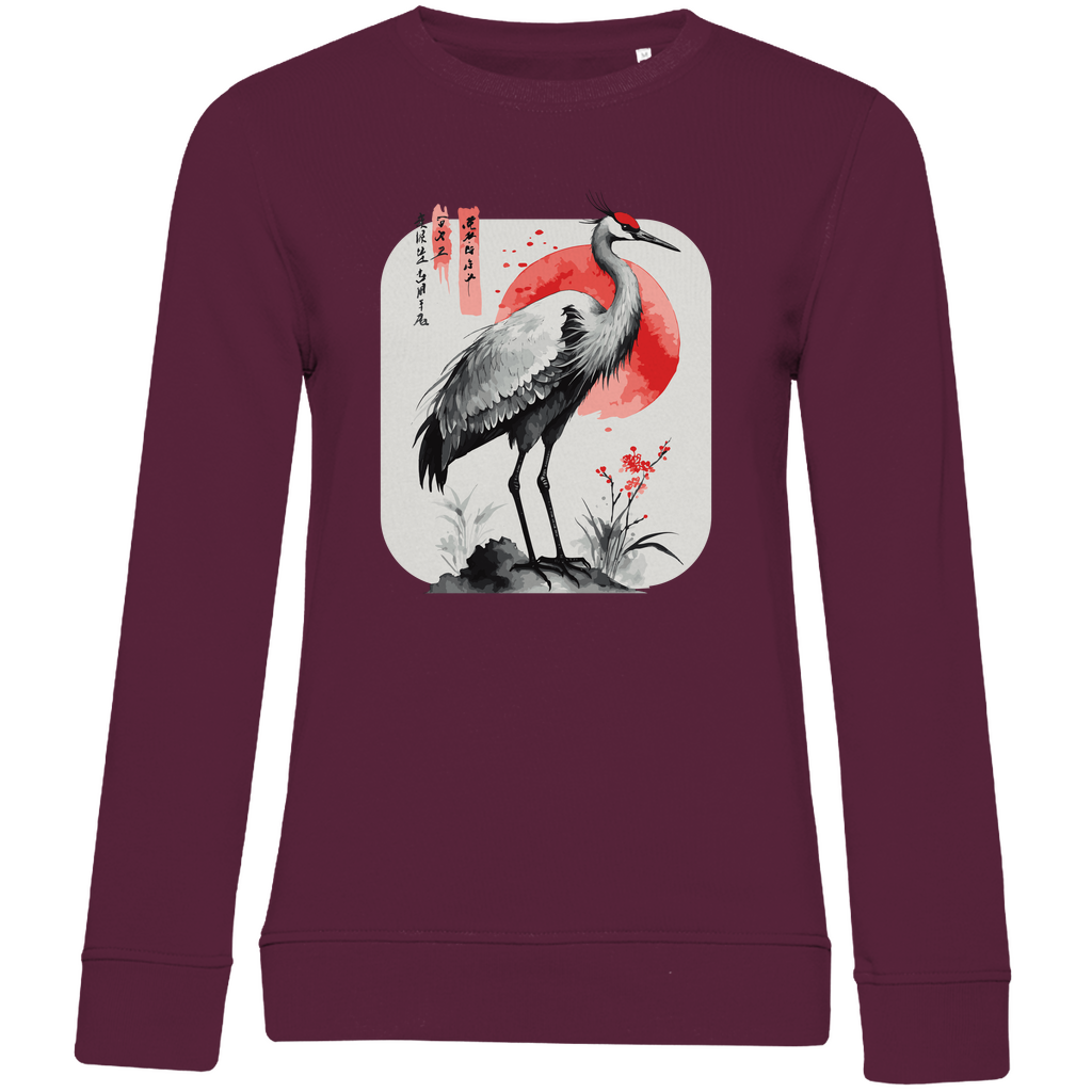 Damen Sweatshirt „Red Sun Crane“ aus Bio-Baumwolle in Burgundy (Weinrot) – Zen-inspiriertes Kranichmotiv mit roter Sonne im traditionellen Sumi-e Stil, ideal für einen ruhigen, minimalistischen Alltagslook