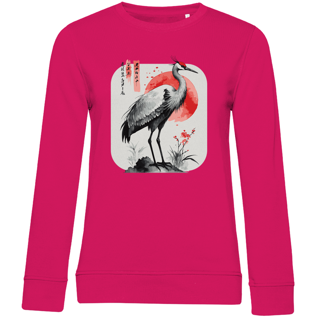 Damen Sweatshirt „Red Sun Crane“ aus Bio-Baumwolle in Magenta Pink – Zen-inspiriertes Kranichmotiv mit roter Sonne im traditionellen Sumi-e Stil, ideal für einen ruhigen, minimalistischen Alltagslook
