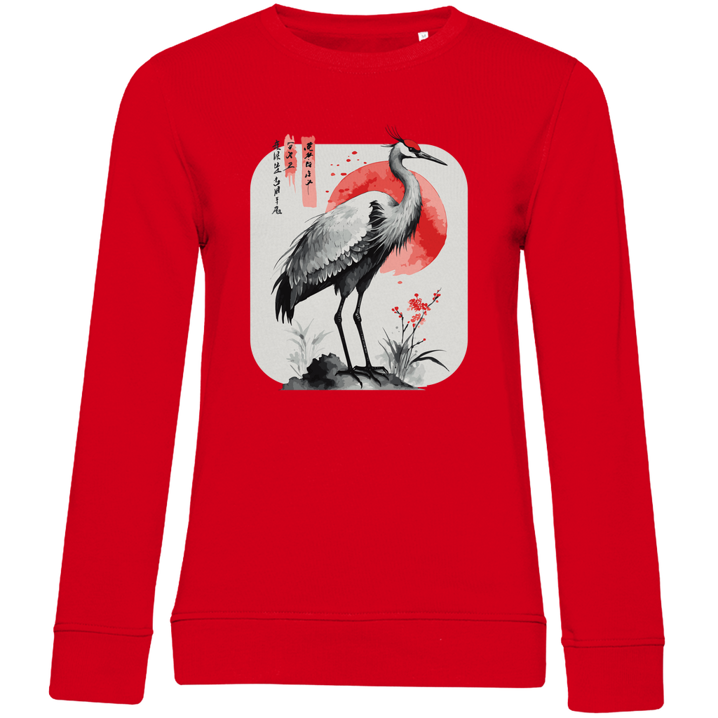 Damen Sweatshirt „Red Sun Crane“ aus Bio-Baumwolle in Rot – Zen-inspiriertes Kranichmotiv mit roter Sonne im traditionellen Sumi-e Stil, ideal für einen ruhigen, minimalistischen Alltagslook