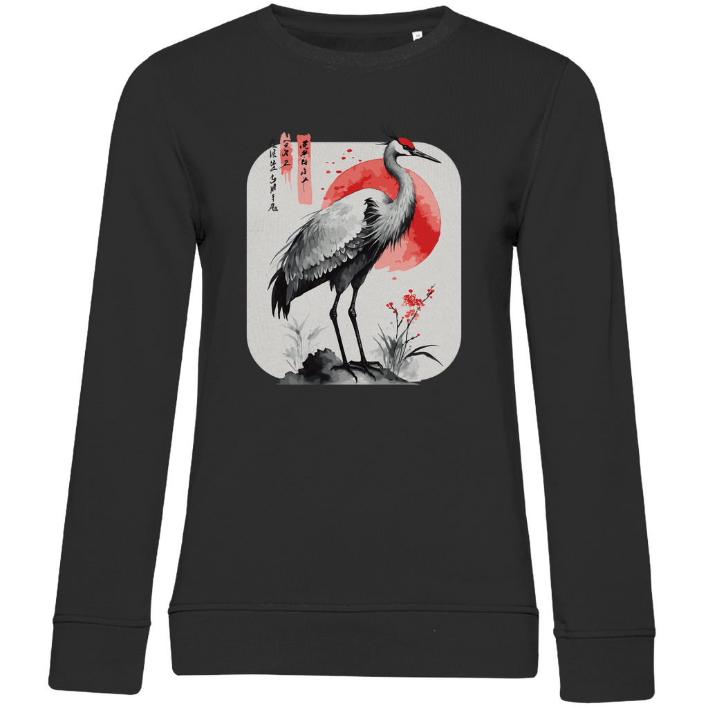 Damen Sweatshirt „Red Sun Crane“ aus Bio-Baumwolle in Schwarz – Zen-inspiriertes Kranichmotiv mit roter Sonne im traditionellen Sumi-e Stil, ideal für einen ruhigen, minimalistischen Alltagslook