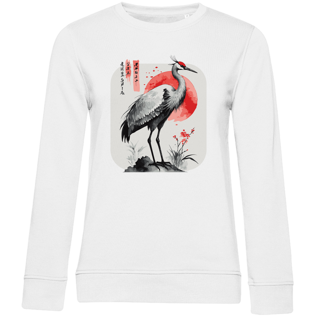 Damen Sweatshirt „Red Sun Crane“ aus Bio-Baumwolle in Weiß – Zen-inspiriertes Kranichmotiv mit roter Sonne im traditionellen Sumi-e Stil, ideal für einen ruhigen, minimalistischen Alltagslook