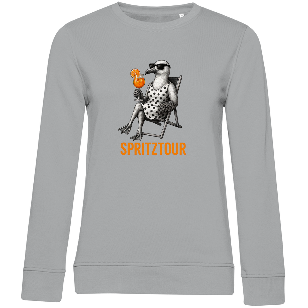 Damen Sweatshirt „Spritztour“ aus Bio-Baumwolle in Grau – Leichter Sommer-Sweater mit Möwenprint und Aperolglas