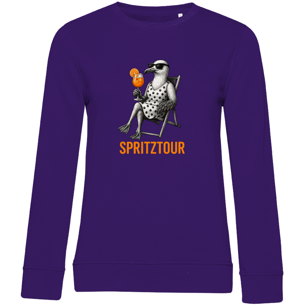 Damen Sweatshirt „Spritztour“ aus Bio-Baumwolle in Lila – Leichter Sommer-Sweater mit Möwenprint und Aperolglas