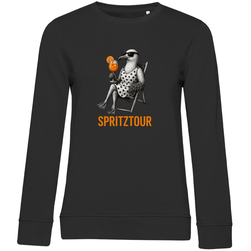 Damen Sweatshirt „Spritztour“ aus Bio-Baumwolle in Schwarz – Leichter Sommer-Sweater mit Möwenprint und Aperolglas