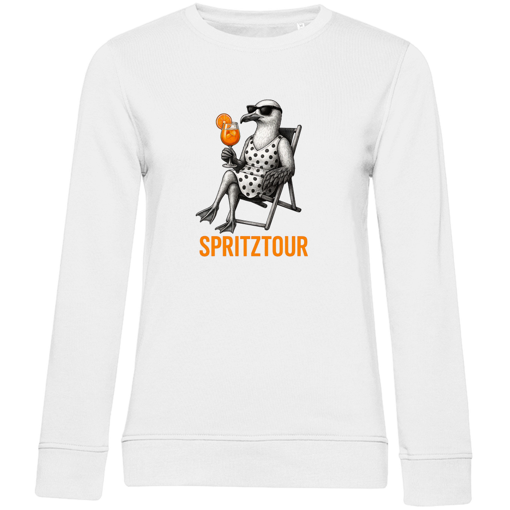 Damen Sweatshirt „Spritztour“ aus Bio-Baumwolle in Weiß – Leichter Sommer-Sweater mit Möwenprint und Aperolglas