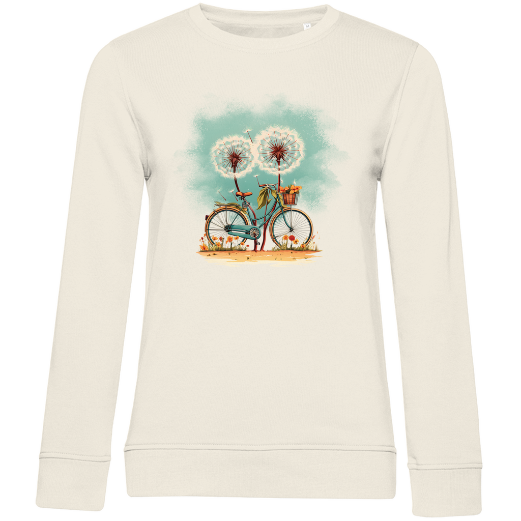 Damen Sweatshirt „Wunschfahrt“ in Off-White (Beige) – Vintage-Fahrrad mit floralen Pusteblumen im Aquarellstil – kuschelig-weich und nachhaltig aus Bio-Baumwolle
