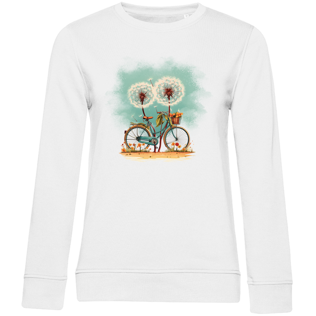 Damen Sweatshirt „Wunschfahrt“ in Weiß – Vintage-Fahrrad mit floralen Pusteblumen im Aquarellstil – kuschelig-weich und nachhaltig aus Bio-Baumwolle