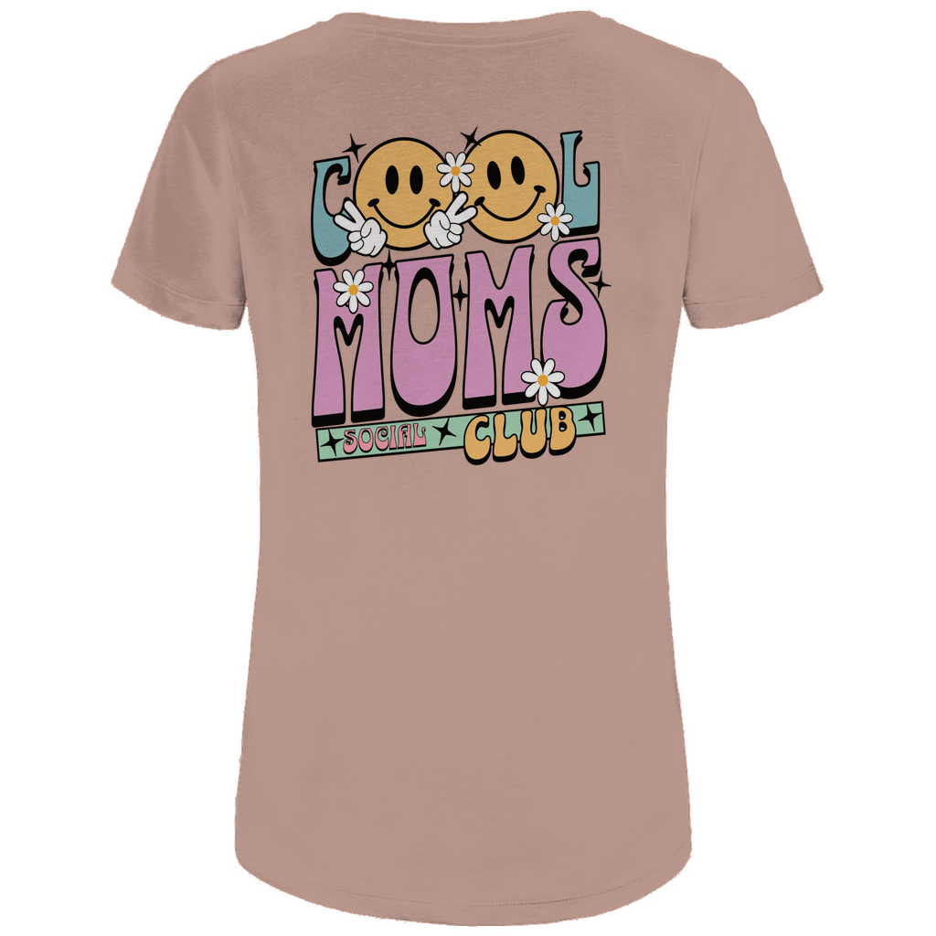 Damen T-Shirt „Cool Moms Social Club“ personalisierbar mit Rückenprint aus Bio-Baumwolle in Altrosa – Retro-Schriftzug „Cool Moms Social Club“ mit Blumen und Sternen