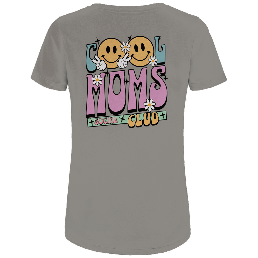 Damen T-Shirt „Cool Moms Social Club“ personalisierbar mit Rückenprint aus Bio-Baumwolle in Grau – Retro-Schriftzug „Cool Moms Social Club“ mit Blumen und Sternen