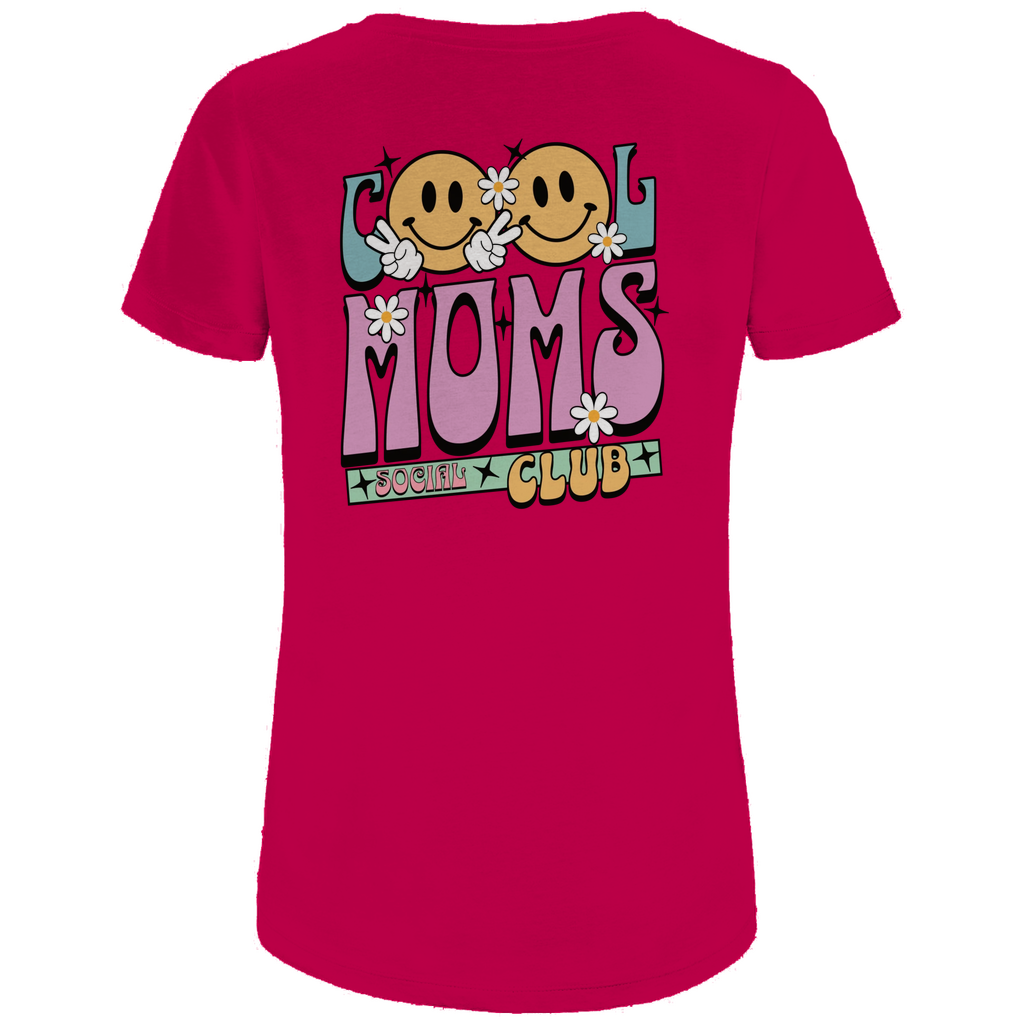 Damen T-Shirt „Cool Moms Social Club“ personalisierbar mit Rückenprint aus Bio-Baumwolle in Pink – Retro-Schriftzug „Cool Moms Social Club“ mit Blumen und Sternen