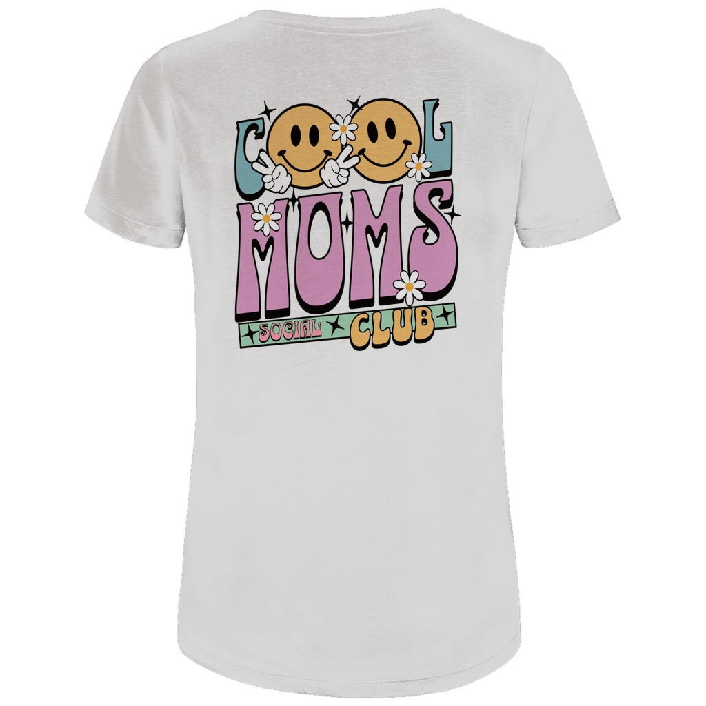 Damen T-Shirt „Cool Moms Social Club“ personalisierbar mit Rückenprint aus Bio-Baumwolle in Weiß – Retro-Schriftzug „Cool Moms Social Club“ mit Blumen und Sternen