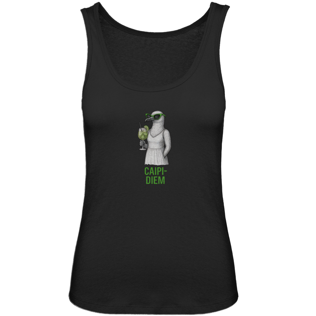 Damen Tanktop „Caipi-Diem“ aus Bio-Baumwolle in Schwarz – Sommerprint mit Möwe, Sonnenbrille und Cocktail