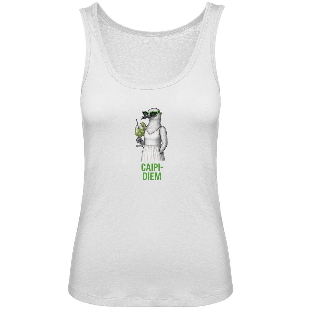 Damen Tanktop „Caipi-Diem“ aus Bio-Baumwolle in Weiß – Sommerprint mit Möwe, Sonnenbrille und Cocktail
