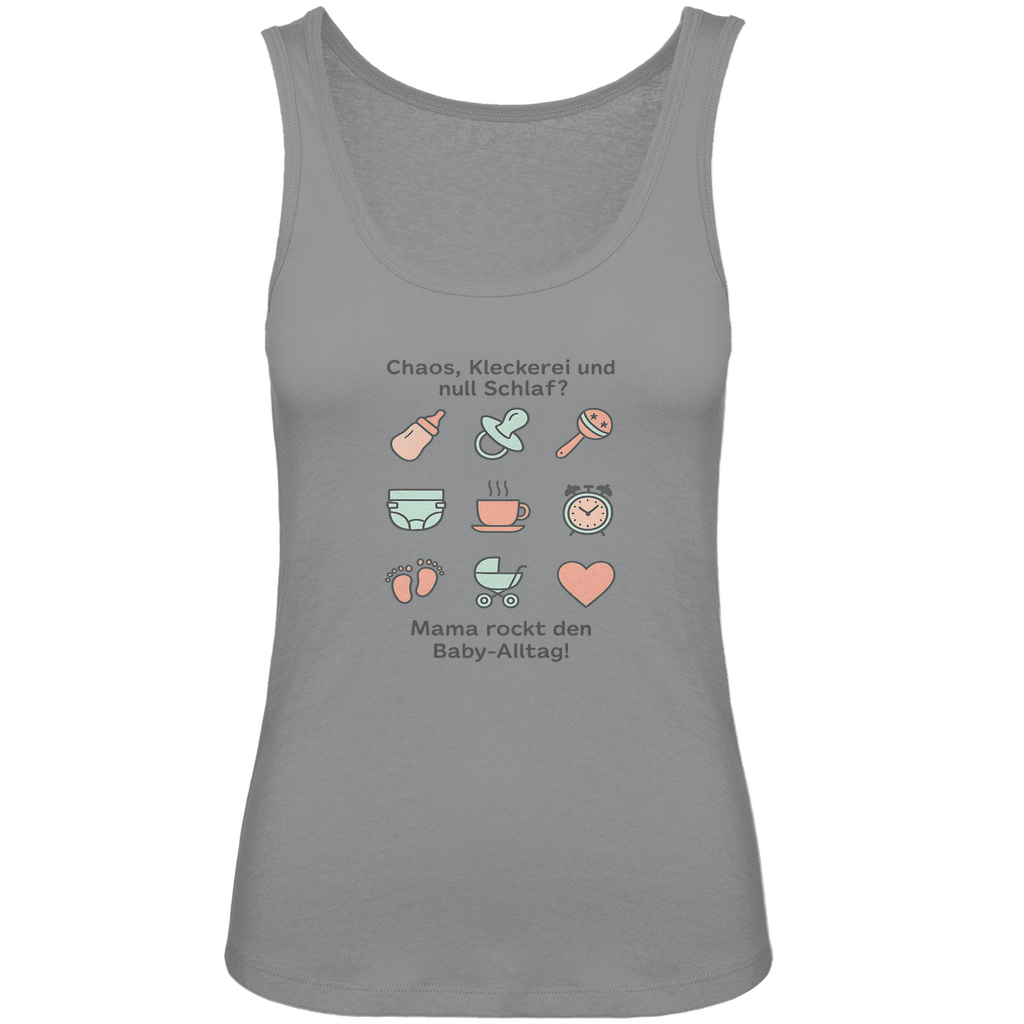 Damen Tanktop "Momlife Masterclass" in Grau – stylisches Sommer-Top mit Mama-Statement und Illustrationen für den Babyalltag