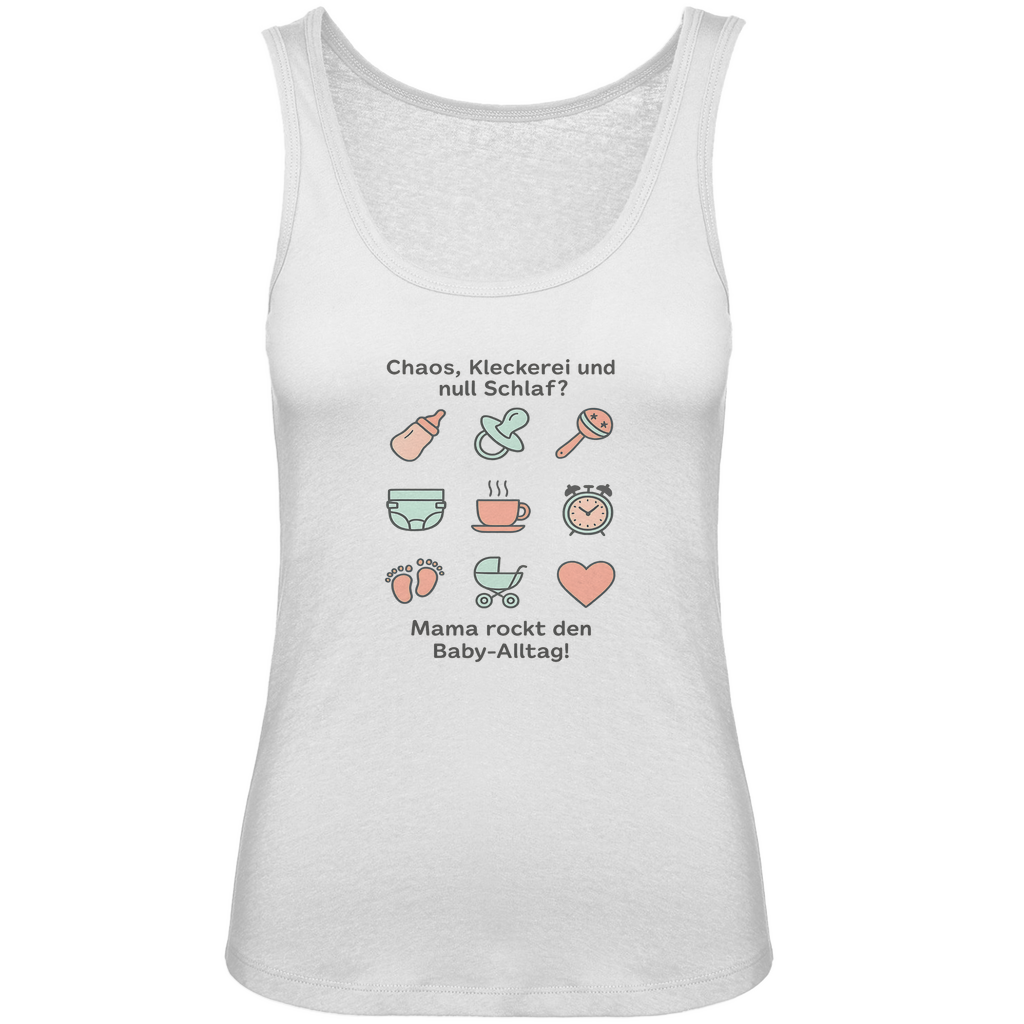 Damen Tanktop "Momlife Masterclass" in Weiß – stylisches Sommer-Top mit Mama-Statement und Illustrationen für den Babyalltag
