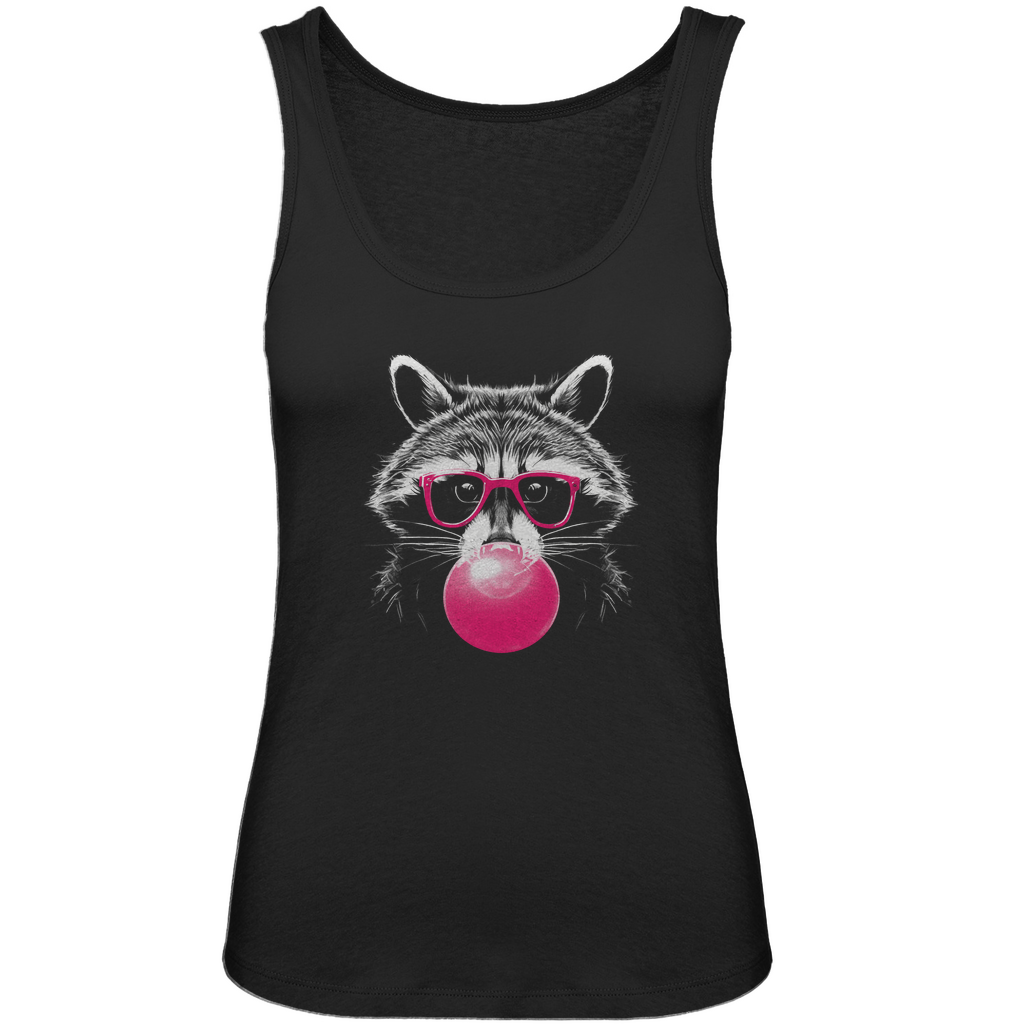 Damen Tank Top „Pop Raccoon“ in Schwarz mit weißem Waschbär-Print im Line-Art-Stil und pinker Brille – leichtes Sommeroberteil für trendbewusste Frauen