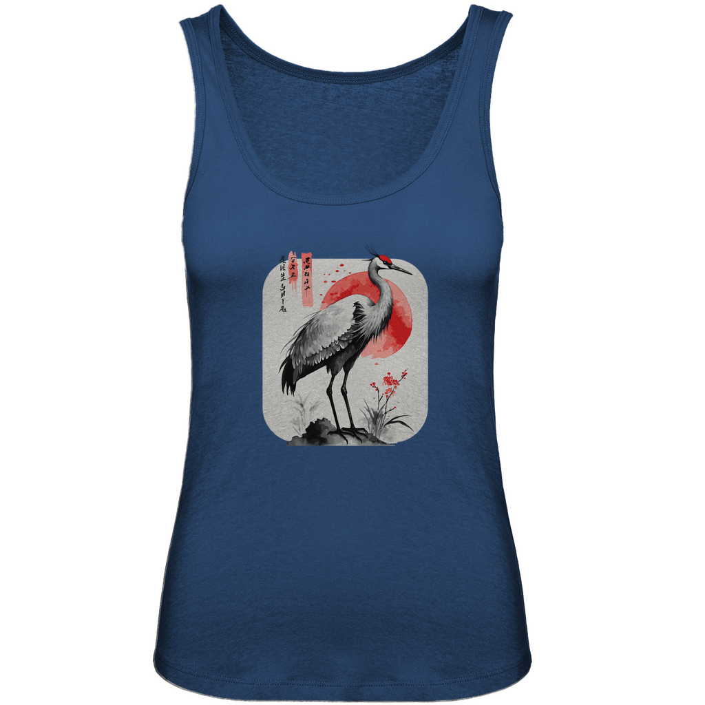 Damen Tank Top „Red Sun Crane“ aus Bio-Baumwolle in Blau – Zen-inspiriertes Kranichmotiv mit roter Sonne im Sumi-e Stil, femininer Schnitt für warme Tage im minimalistischen Look