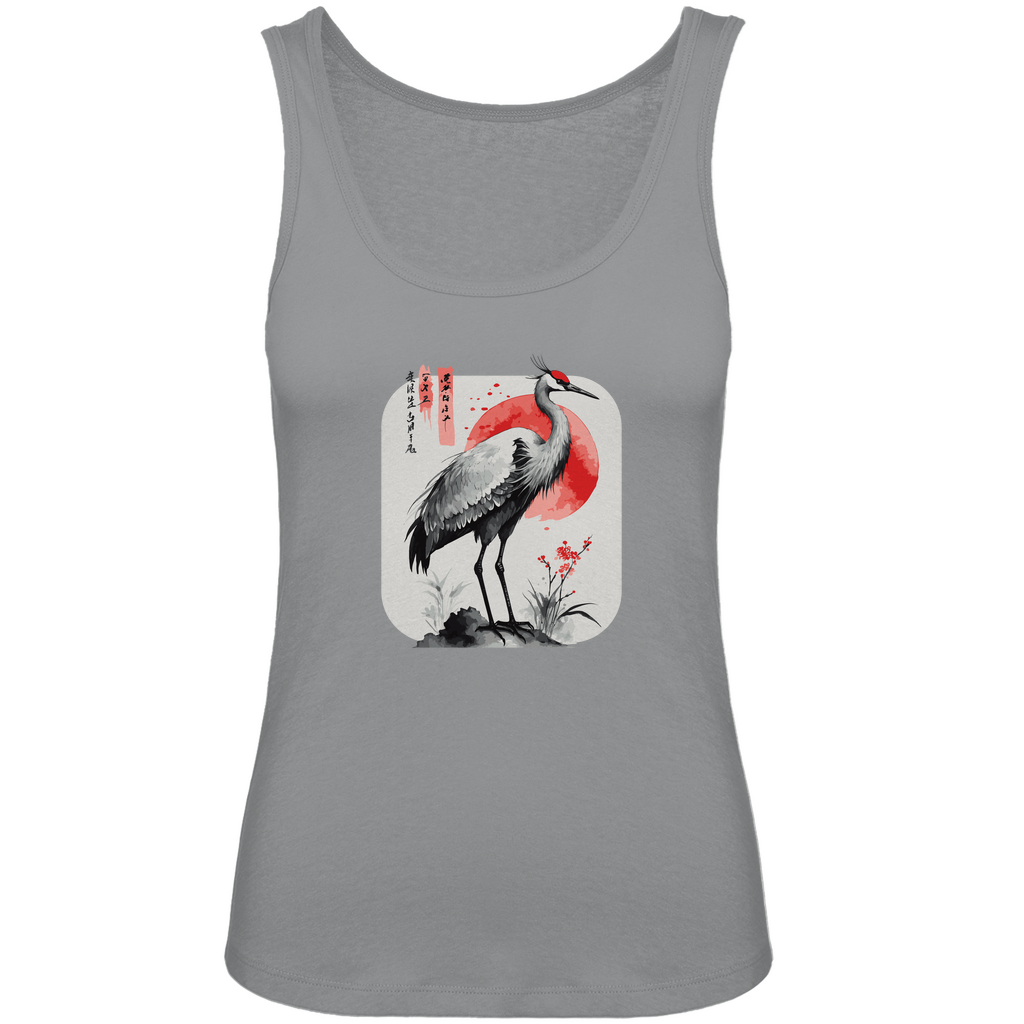 Damen Tank Top „Red Sun Crane“ aus Bio-Baumwolle in Grau – Zen-inspiriertes Kranichmotiv mit roter Sonne im Sumi-e Stil, femininer Schnitt für warme Tage im minimalistischen Look