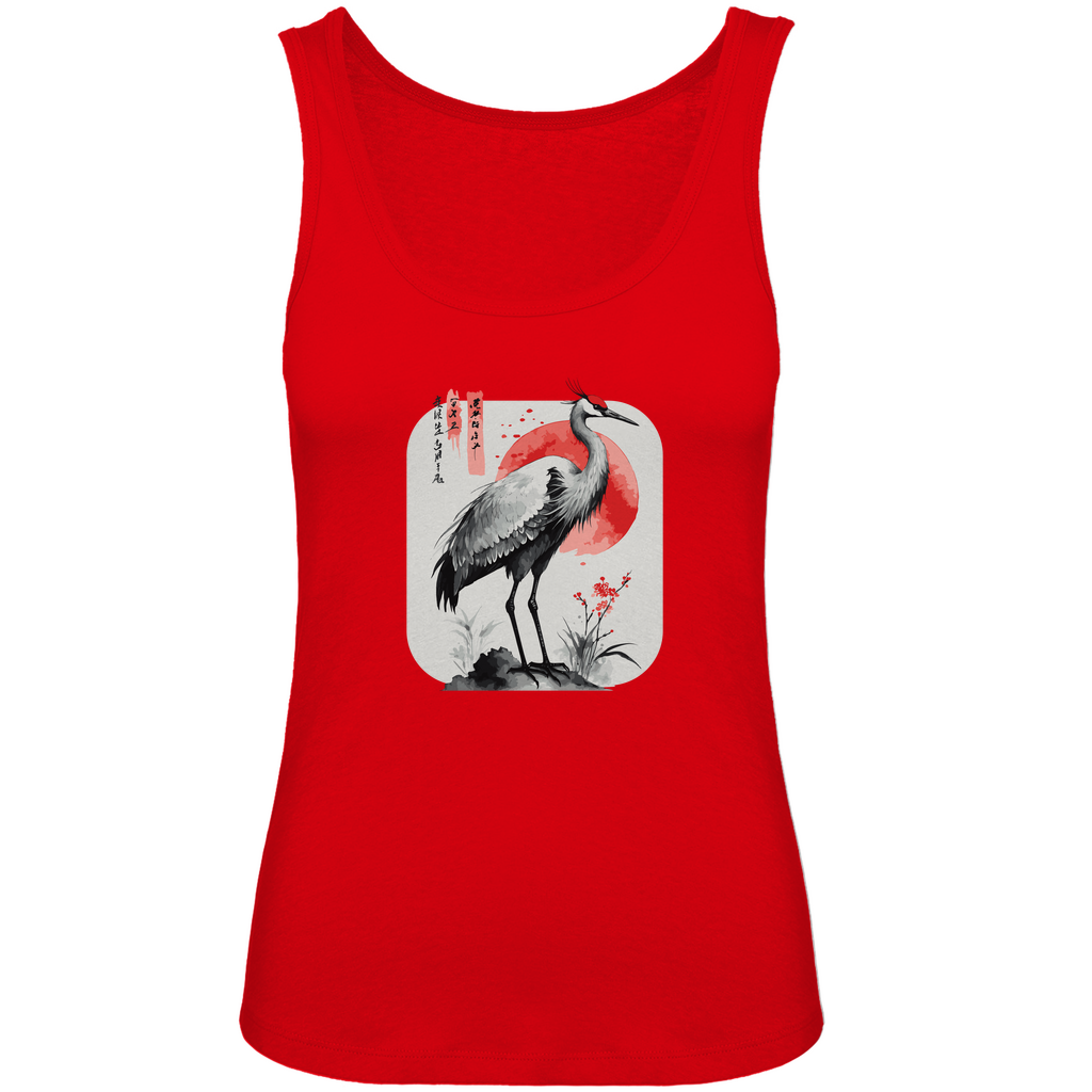 Damen Tank Top „Red Sun Crane“ aus Bio-Baumwolle in Rot – Zen-inspiriertes Kranichmotiv mit roter Sonne im Sumi-e Stil, femininer Schnitt für warme Tage im minimalistischen Look