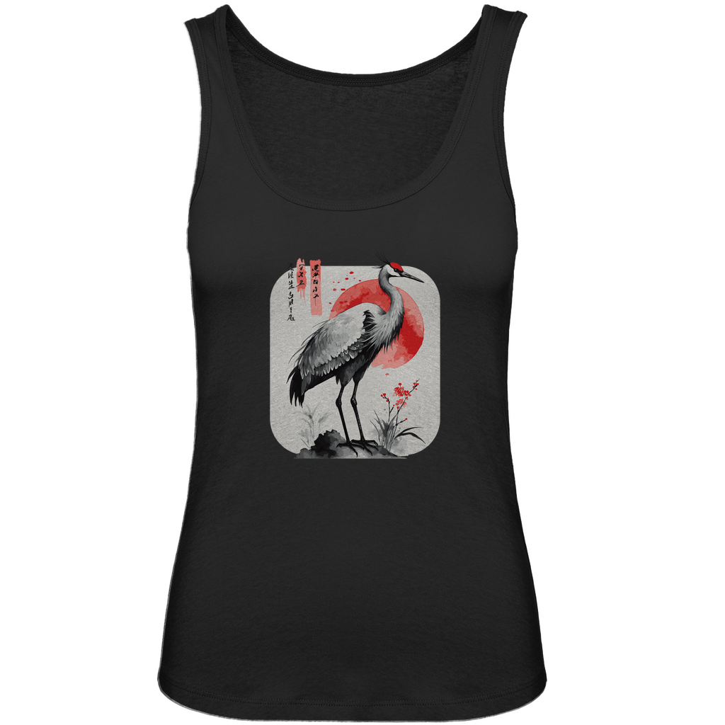 Damen Tank Top „Red Sun Crane“ aus Bio-Baumwolle in Schwarz – Zen-inspiriertes Kranichmotiv mit roter Sonne im Sumi-e Stil, femininer Schnitt für warme Tage im minimalistischen Look