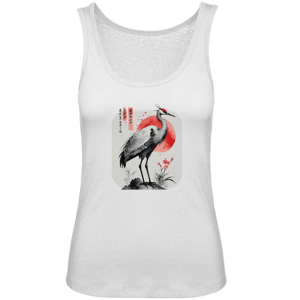 Damen Tank Top „Red Sun Crane“ aus Bio-Baumwolle in Weiß – Zen-inspiriertes Kranichmotiv mit roter Sonne im Sumi-e Stil, femininer Schnitt für warme Tage im minimalistischen Look