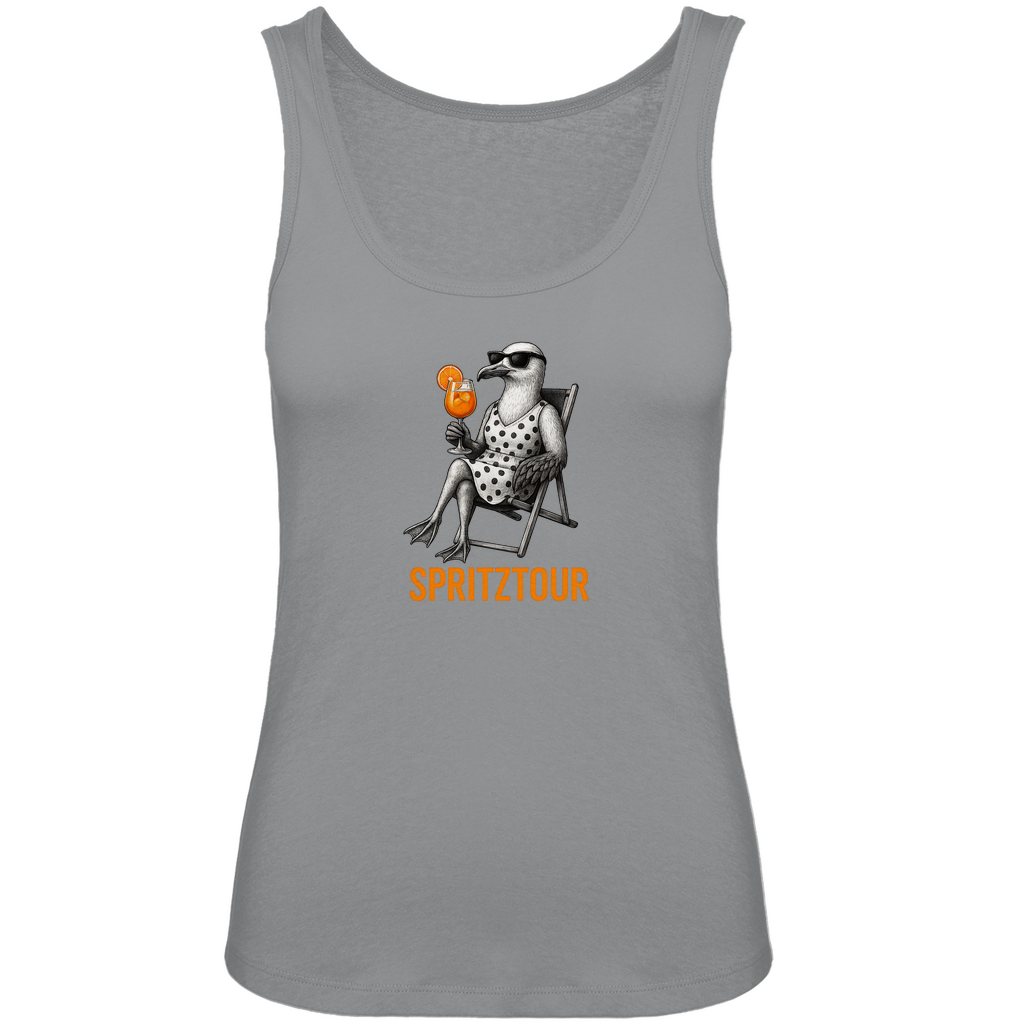 Damen Tank Top „Spritztour“ lustiges Cocktail Möwen Motiv aus Bio-Baumwolle in Grau – Sommerprint mit relaxter Möwe und Aperolglas