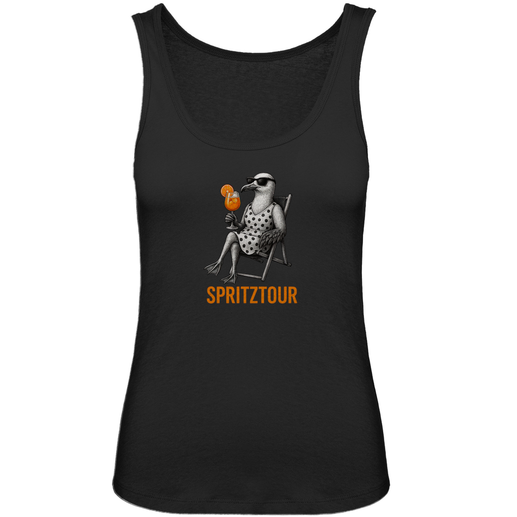 Damen Tank Top „Spritztour“ lustiges Cocktail Möwen Motiv aus Bio-Baumwolle in Schwarz – Sommerprint mit relaxter Möwe und Aperolglas