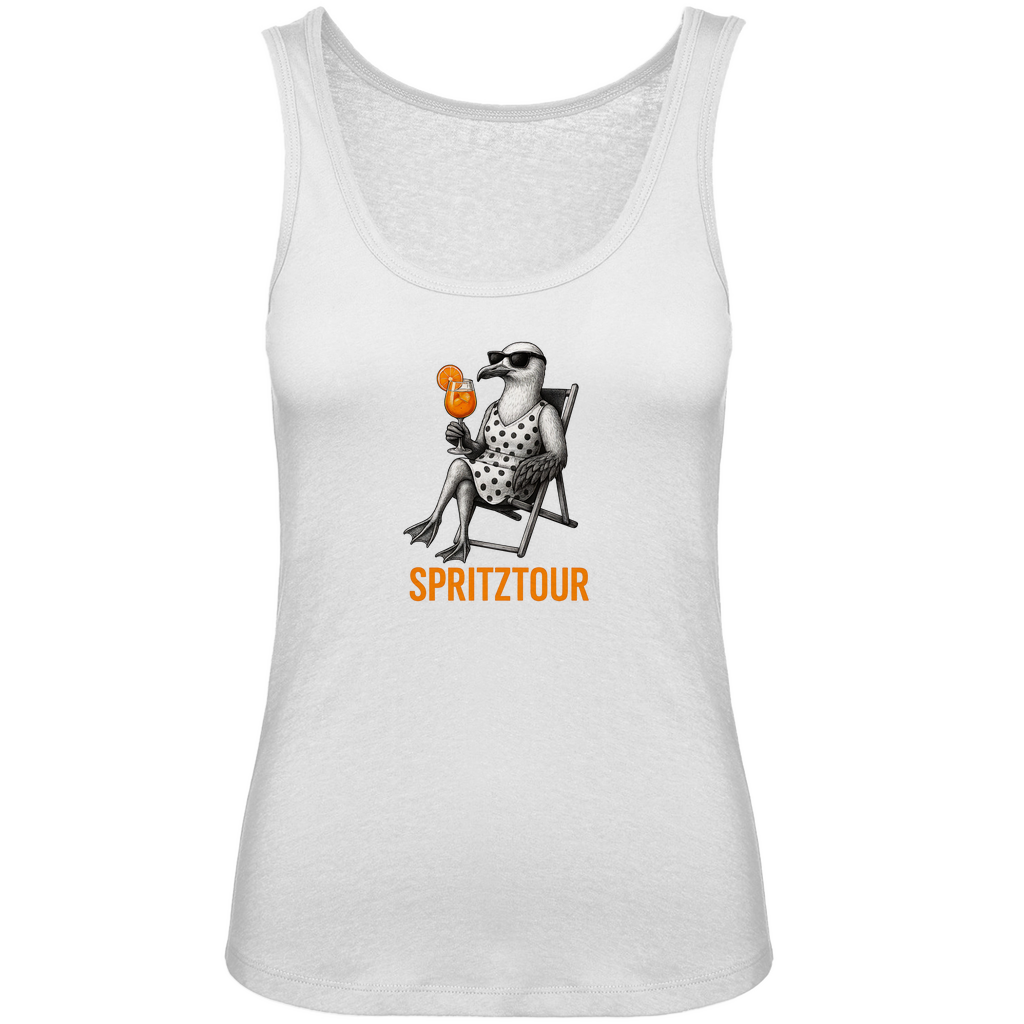 Damen Tank Top „Spritztour“ lustiges Cocktail Möwen Motiv aus Bio-Baumwolle in Weiß – Sommerprint mit relaxter Möwe und Aperolglas