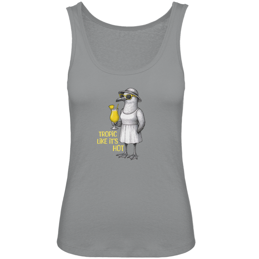 Damen Tank-Top "Tropic Like It’s Hot" aus Bio-Baumwolle in Grau – Sommermotiv mit Möwe, Sonnenbrille und Piña-Colada