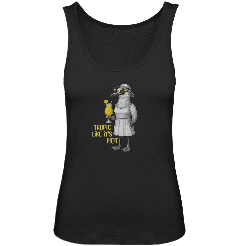 Damen Tank-Top "Tropic Like It’s Hot" aus Bio-Baumwolle in Schwarz – Sommermotiv mit Möwe, Sonnenbrille und Piña-Colada