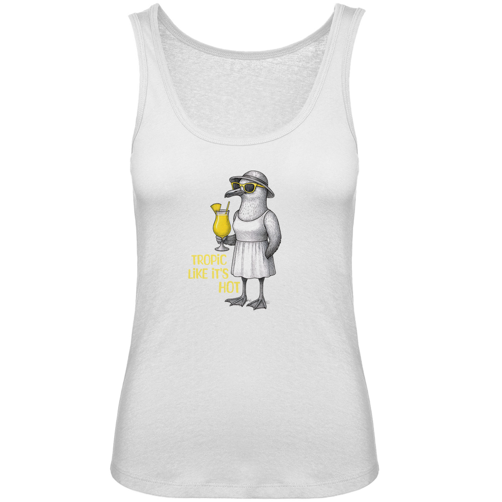 Damen Tank-Top "Tropic Like It’s Hot" aus Bio-Baumwolle in Weiß – Sommermotiv mit Möwe, Sonnenbrille und Piña-Colada