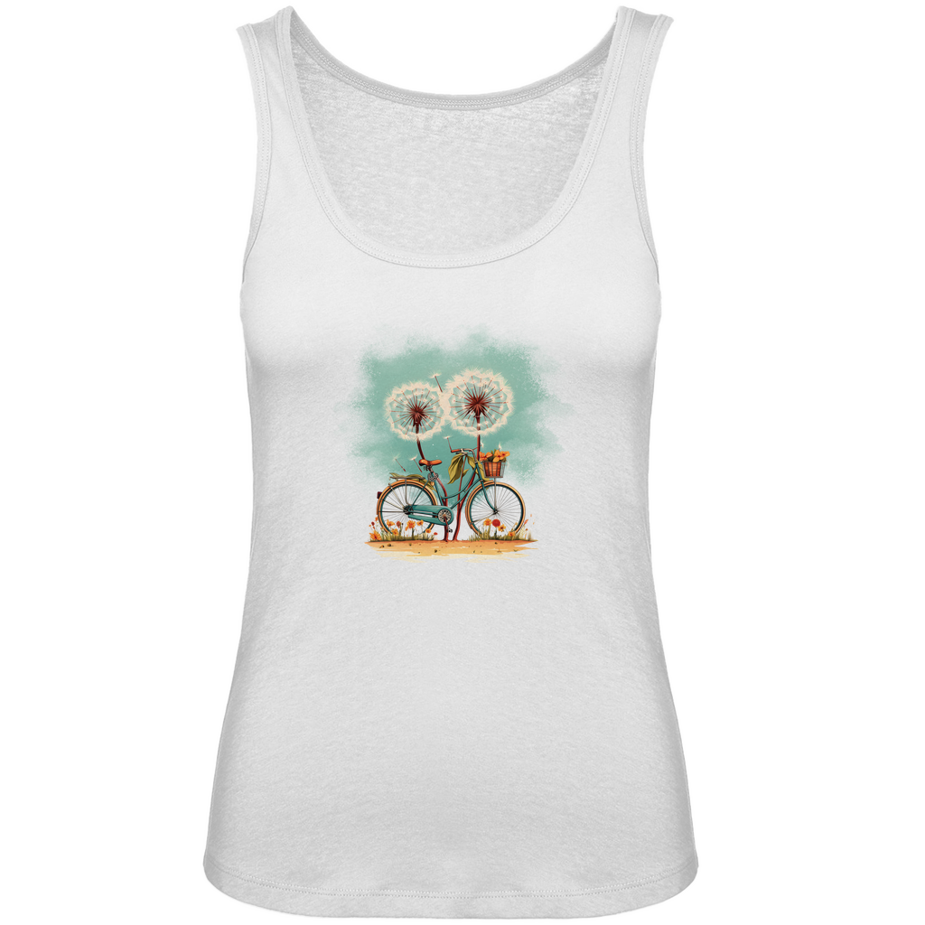 Damen Tank Top „Wunschfahrt“ in Weiß – Fahrradprint mit floralen Details im Aquarellstil – luftig-leicht aus Bio-Baumwolle für den Sommer