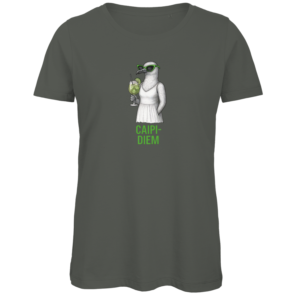 Damen T-Shirt „Caipi-Diem“ aus Bio-Baumwolle in Khaki Olivgrau Pink – Sommerprint mit Möwe, Sonnenbrille und Caipirinha