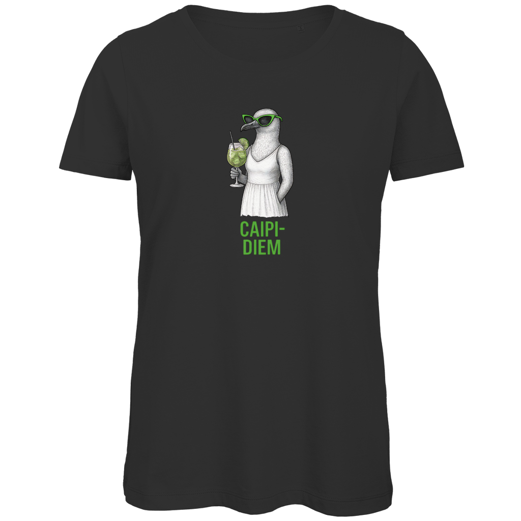 Damen T-Shirt „Caipi-Diem“ aus Bio-Baumwolle in Schwarz – Sommerprint mit Möwe, Sonnenbrille und Caipirinha