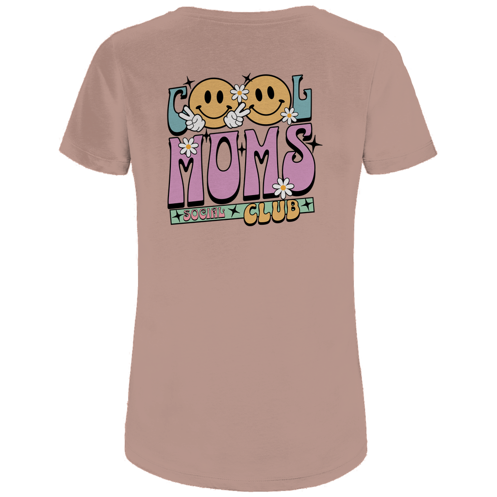 Damen T-Shirt „Cool Moms Social Club“ mit Rückenprint aus Bio-Baumwolle in Rosa – Ausdrucksstarkes Design mit Retro-Schriftzug für stolze Mamas