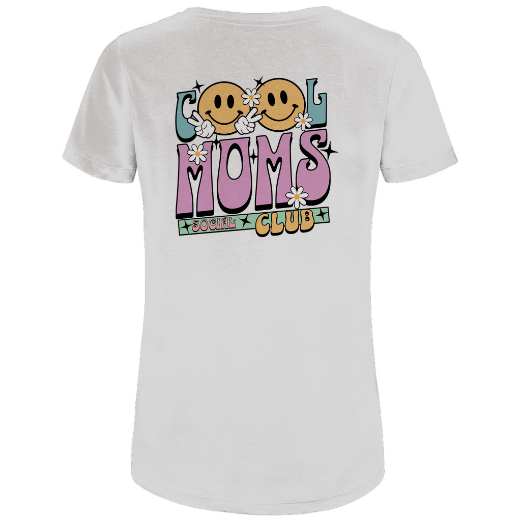 Damen T-Shirt „Cool Moms Social Club“ mit Rückenprint aus Bio-Baumwolle in Weiß – Ausdrucksstarkes Design mit Retro-Schriftzug für stolze Mamas
