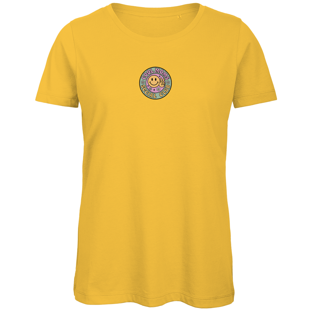 Damen T-Shirt „Cool Moms Social Club“ mit Frontprint aus Bio-Baumwolle in Gelb – Angesagtes Retro-Design für modebewusste Mamas