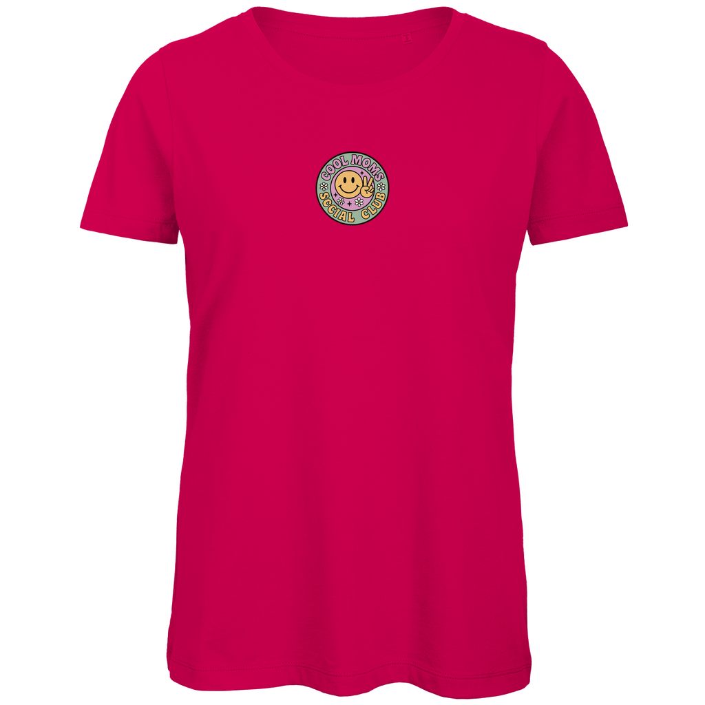 Damen T-Shirt „Cool Moms Social Club“ mit Frontprint aus Bio-Baumwolle in Pink – Angesagtes Retro-Design für modebewusste Mamas