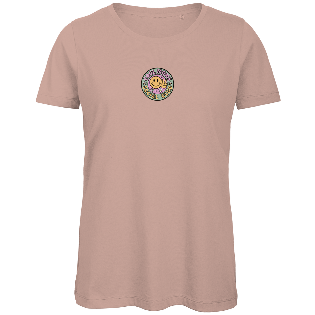 Damen T-Shirt „Cool Moms Social Club“ mit Frontprint aus Bio-Baumwolle in Rosa – Angesagtes Retro-Design für modebewusste Mamas