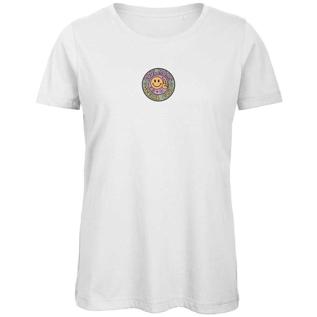 Damen T-Shirt „Cool Moms Social Club“ mit Frontprint aus Bio-Baumwolle in Weiß – Angesagtes Retro-Design für modebewusste Mamas