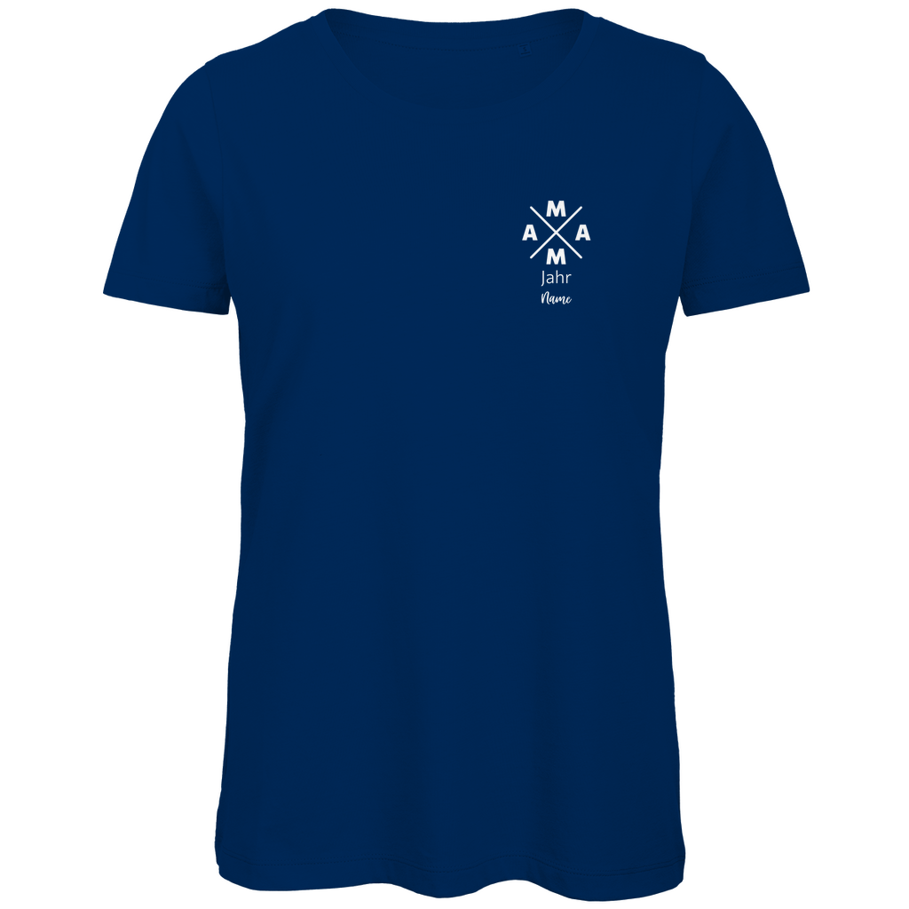 Damen T-Shirt „MAMA X Mini – Dark Edition“ in Blau – personalisierbarer Weiß-Print mit Jahr & Name auf dunklem Shirt, modernes Mama-Design. Ein ideales Geschenk zum Geburtstag oder Muttertag.