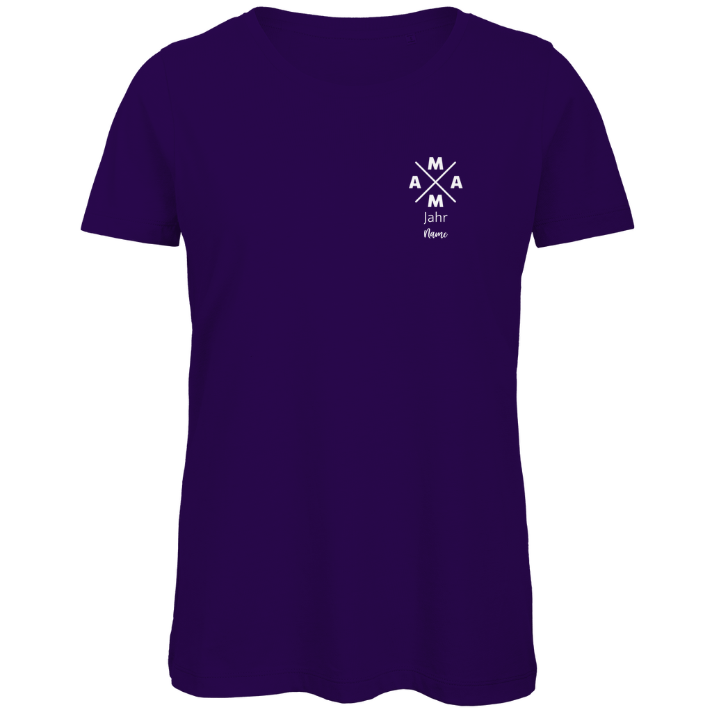 Damen T-Shirt „MAMA X Mini – Dark Edition“ in Lila – personalisierbarer Weiß-Print mit Jahr & Name auf dunklem Shirt, modernes Mama-Design. Ein ideales Geschenk zum Geburtstag oder Muttertag.