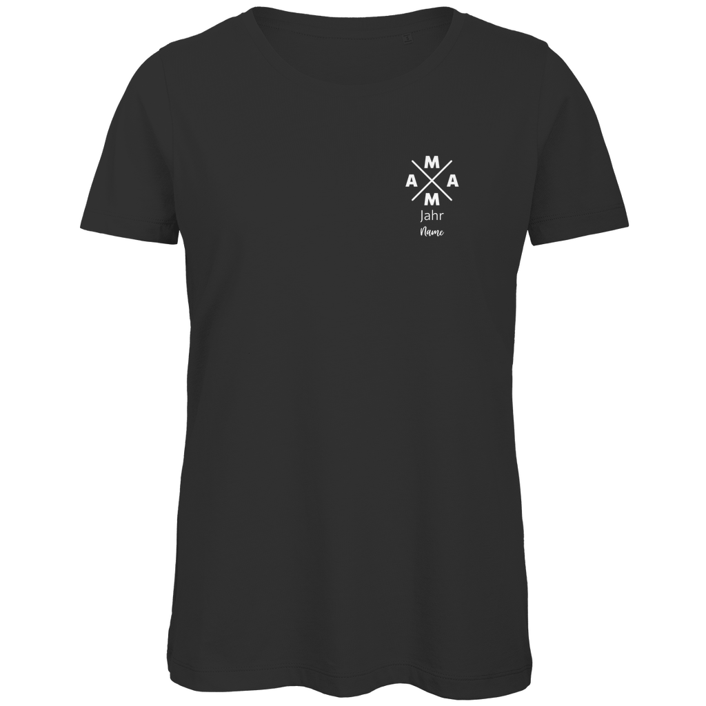 Damen T-Shirt „MAMA X Mini – Dark Edition“ in Schwarz – personalisierbarer Weiß-Print mit Jahr & Name auf dunklem Shirt, modernes Mama-Design. Ein ideales Geschenk zum Geburtstag oder Muttertag.