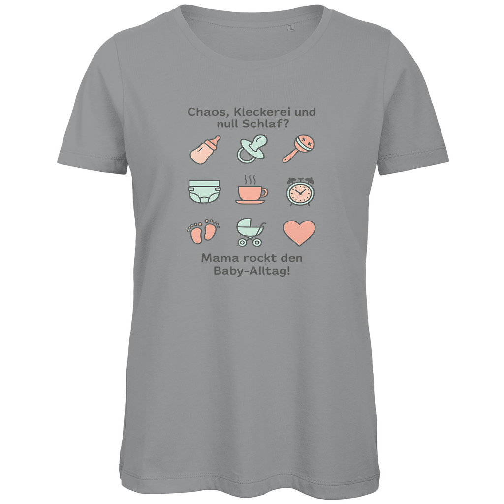 Damen T-Shirt "Momlife Masterclass" aus Bio-Baumwolle in Grau – liebevoller und witziger Mama-Print mit Alltagsmotiven für starke Frauen