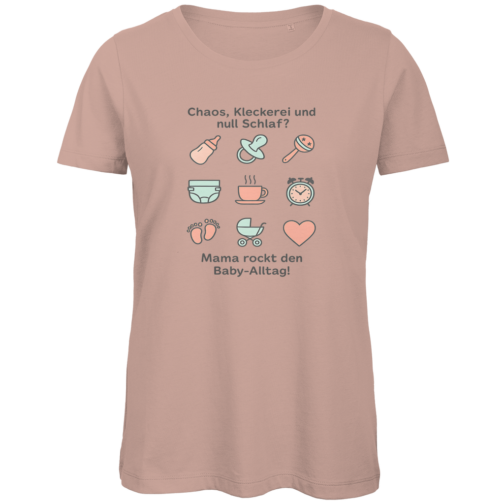 Damen T-Shirt "Momlife Masterclass" aus Bio-Baumwolle in Altrosa – liebevoller und witziger Mama-Print mit Alltagsmotiven für starke Frauen