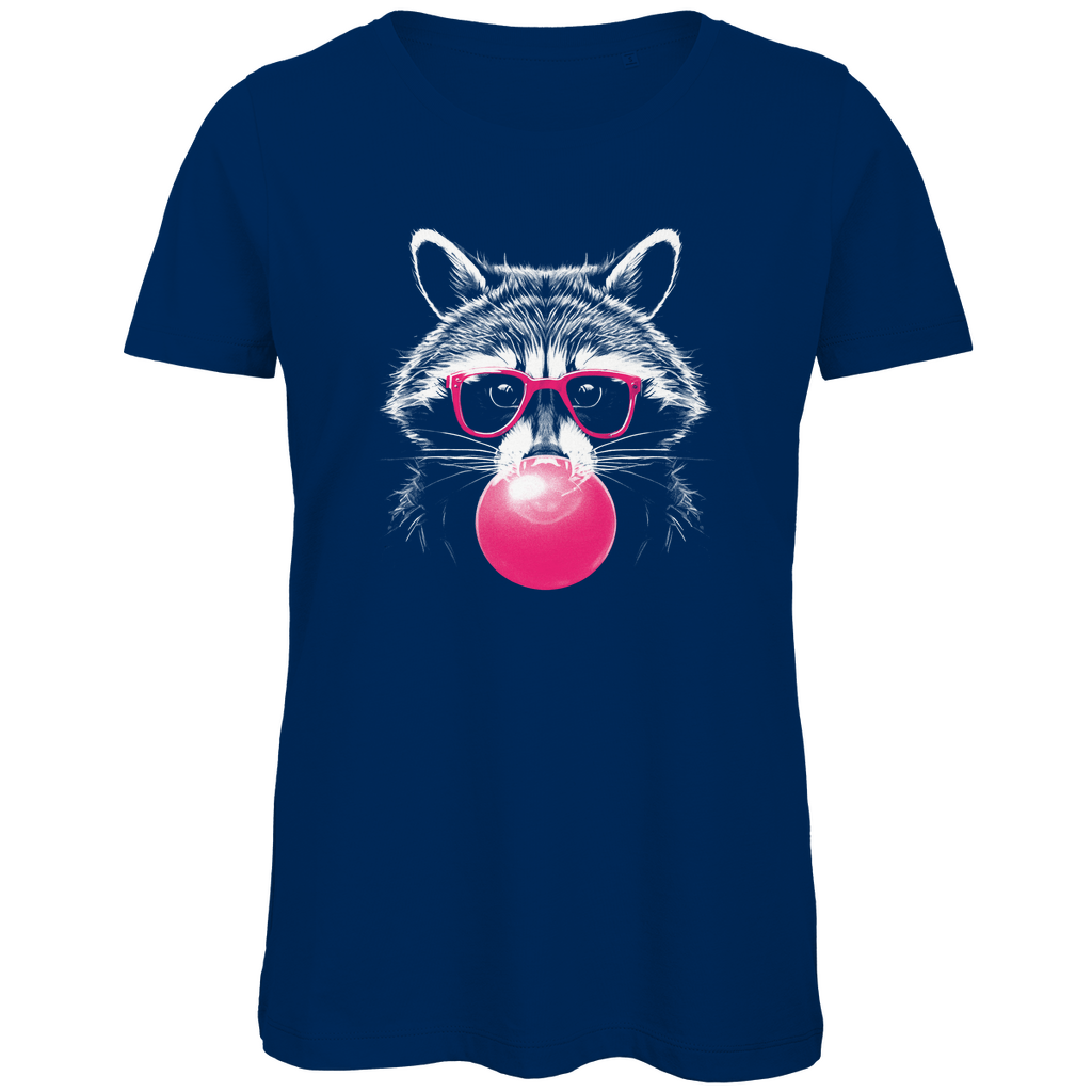 Damen T-Shirt „Pop Raccoon“ in Blau mit weißem Waschbär-Linienprint im Line-Art-Stil und pinker Brille – modischer Hingucker für trendbewusste Frauen