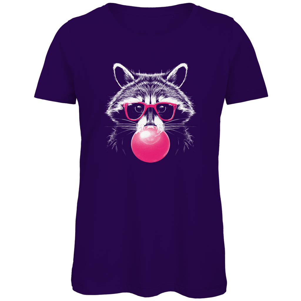 Damen T-Shirt „Pop Raccoon“ in Lila mit weißem Waschbär-Linienprint im Line-Art-Stil und pinker Brille – modischer Hingucker für trendbewusste Frauen