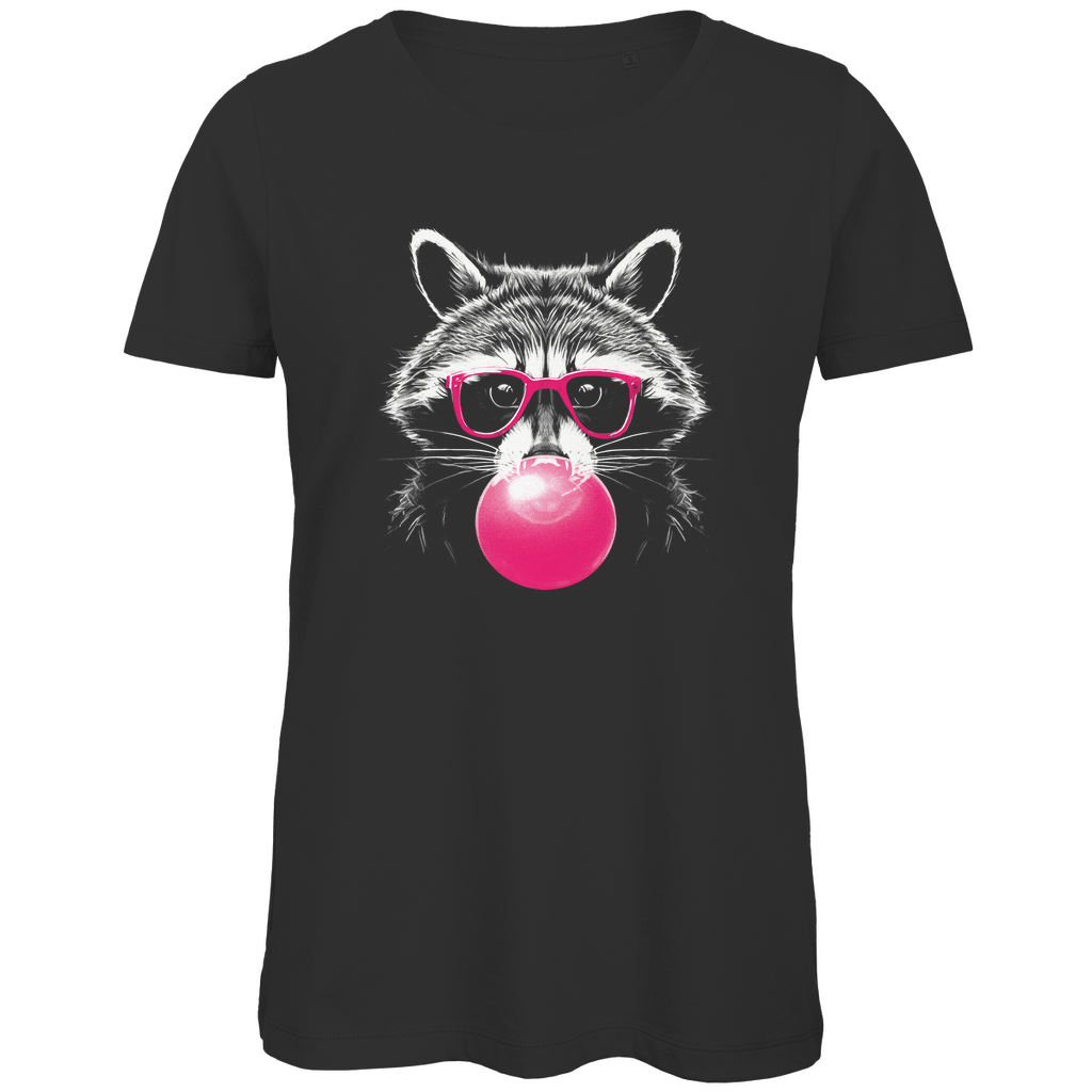 Damen T-Shirt „Pop Raccoon“ in Schwarz mit weißem Waschbär-Linienprint im Line-Art-Stil und pinker Brille – modischer Hingucker für trendbewusste Frauen