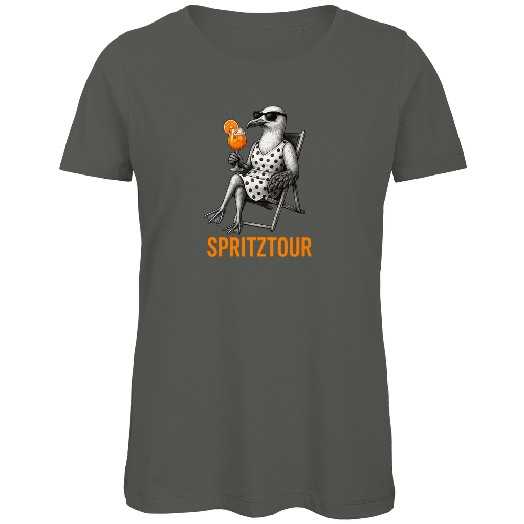 Damen T-Shirt „Spritztour“ lustiges Cocktail Möwen Motiv aus Bio-Baumwolle in Khaki Olivgrau – Sommerprint mit relaxter Möwe und Aperolglas