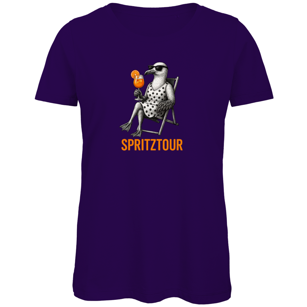 Damen T-Shirt „Spritztour“ lustiges Cocktail Möwen Motiv aus Bio-Baumwolle in Lila – Sommerprint mit relaxter Möwe und Aperolglas